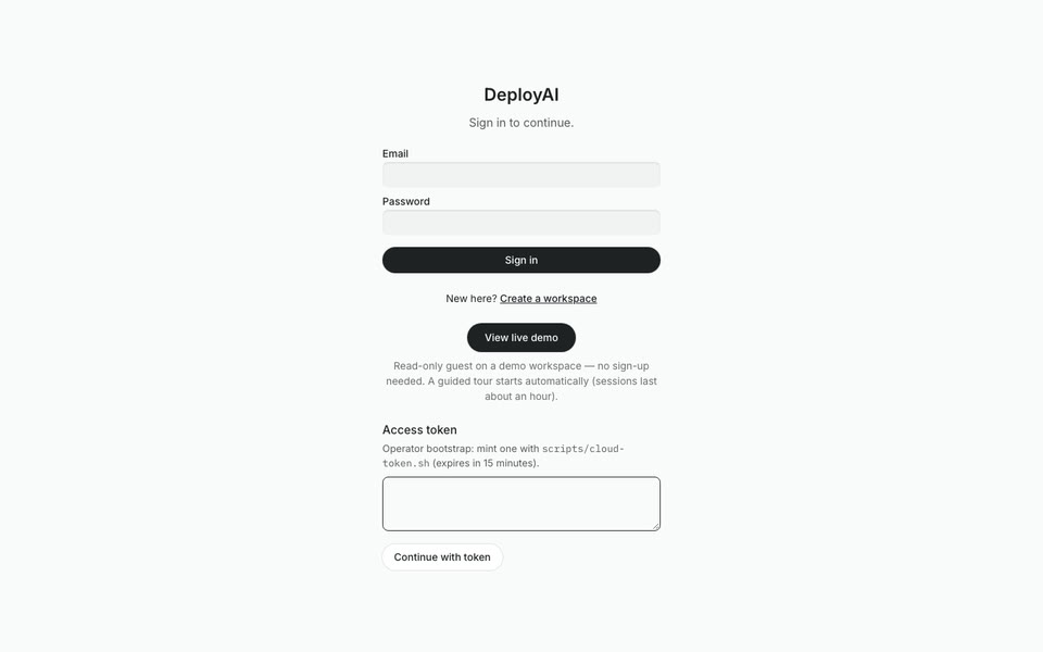DeployAI sign-in and live demo entry