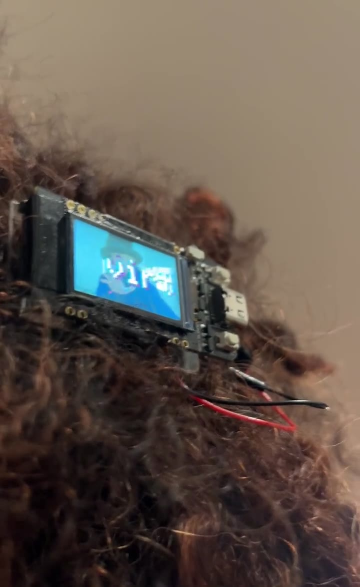 Moody HQ display clipped into hair