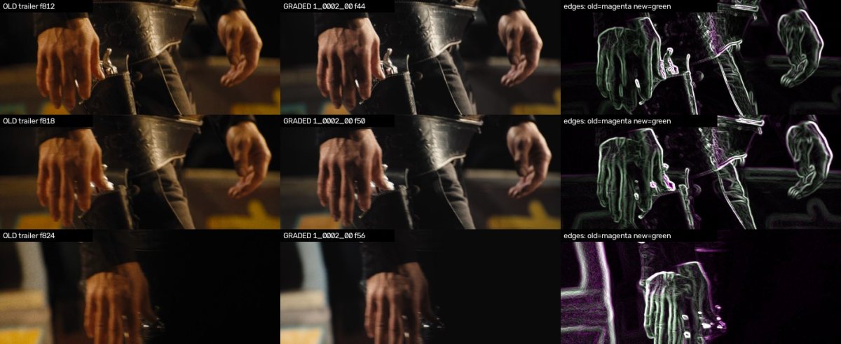 Film proof image: old trailer frame, graded frame and edge overlay at three frames